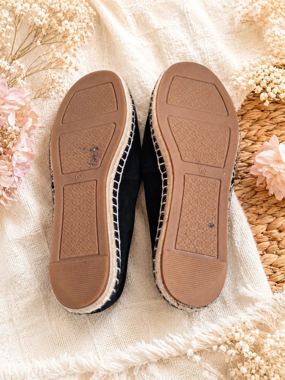 Tory Burch Black Espadrille Flats with Pearl Logo